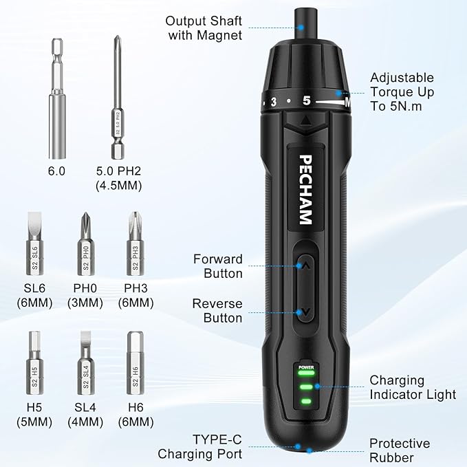 PECHAM 3.6V 2000mAh Cordless Screwdriver,Electric Screwdriver,350 RPM&5 Torque 5Nm,TYPE-C Charging, 8 Pcs Bits for Home Repairs,Portable Compact Design,Gifts for Men Him Dad Boyfriend