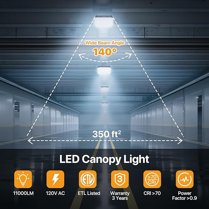 100W LED Canopy Lights Selectable Wattage 100/80/60W 3CCT 3000/4000/5000K, IP65 ETL Listed Commercial Canopy Lights for Gas Station Warehouse Garage Shop, Black, CNL03