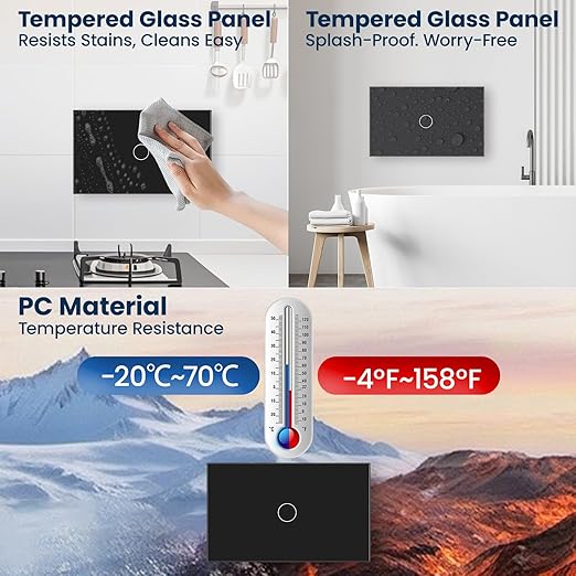 Smart Light Switch 3 Way Need Neutral Wire,FCC Certified,2.4GHz WiFi Switch Glass Panel APP Control Timer Work with Tuya/Smart Life,Alexa and Google Home,Black 1 Gang