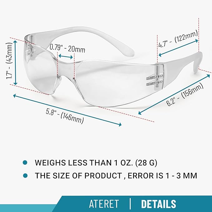 ATERET 24 Pairs Safety Glasses, Scratch Resistant Polycarbonate ANSI Z87.1 Impact Resistant Lens