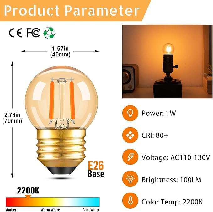 G40 LED Low Watt Light Bulbs Warm Glow E26 Amber 1W 10 Watt Light Bulb,Low Lumen Light Bulb Small Edison Short Decorative Dim Light Bulbs for Lamp,Bedroom,Warm White 2200K 100LM,Non Dimmable,15 PACK