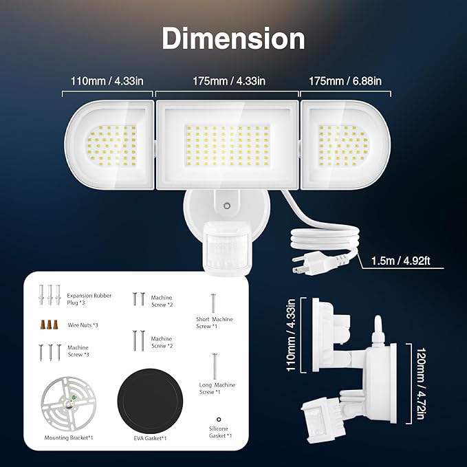 130W Motion Sensor Light Outdoor Plug in, 13000LM LED Security Lights with Remote Control, 3 Adjustable Heads, 3 Modes, Plug in Flood Lights Outodoor IP65 Waterproof for Garage Yard (White)