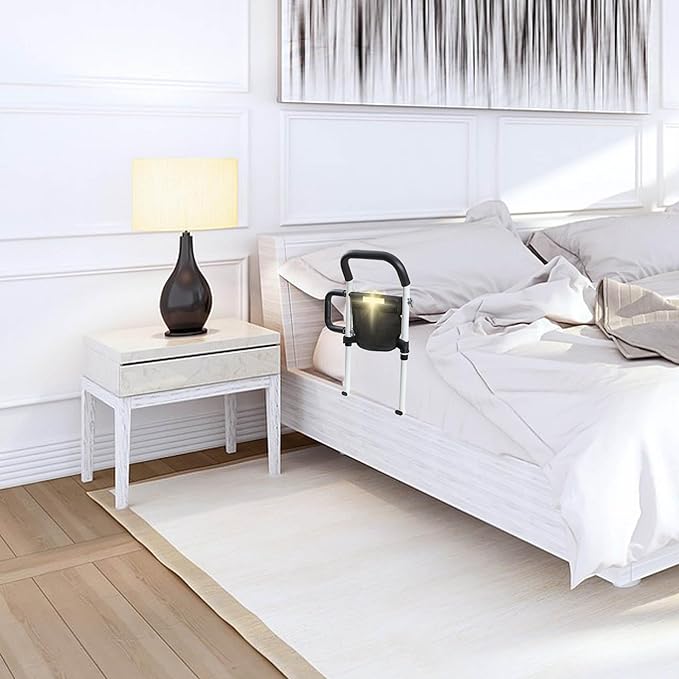 Bed Rails for Elderly Adults Safety, Bed Guard Rail with Dual Grab Bars for Seniors & Patients,Motion Light & Storage Pocket Support Up to 300lbs Fits King, Queen, Full, Twin Bed