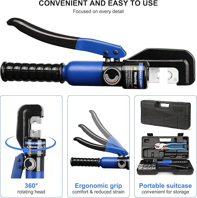 Solsop Hydraulic Crimping Tool 10 Ton with 9 Hex-Dies, 12–2/0 AWG Battery Cable Crimper with Cable Cutter for Copper, Aluminum Cable Lugs