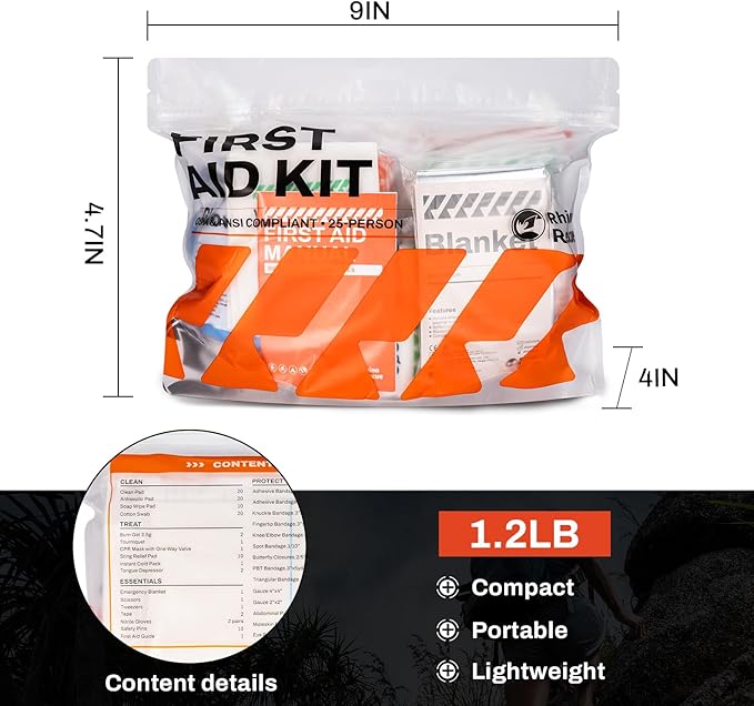RHINO RESCUE 220 Pieces First Aid Kit Refill Bag, Emergency Extra Replacement Supplies, Includes Medical Bandages, Gauzes & Pads for Home, School & Car