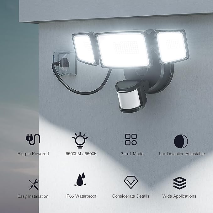 Onforu 65W LED Motion Sensor Outdoor Lights Plug in, Dusk to Dawn Flood Security Lighting Outside, Motion-Activated Detector Exterior Photocell Light Fixture, 6500LM 6500K IP65 Waterproof (Black)