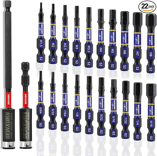22Pieces 2 In. Hex Head Impact Tough Magnetic Allen Wrench Drill Bits Set, Multi Hex Head (Metric&SAE) Power Bits Set, S2 Steel Hex Screwdriver Bit set with 3”Bit Holder