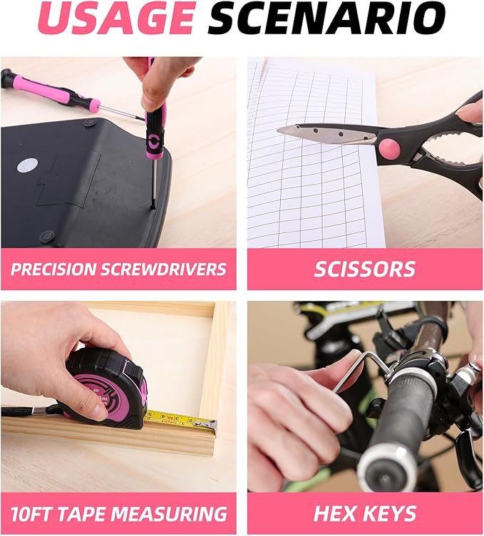 DOWELL Pink Tool Kit 140PCS for Women, Girls, Ladies, Household Tool Set with 14” Tool Bag