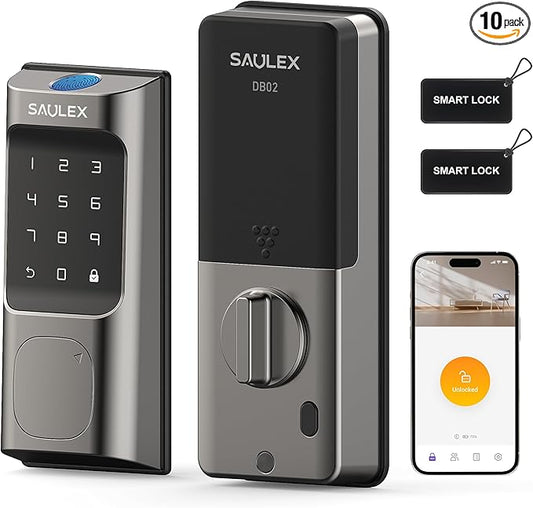 Saulex DB02 WiFi Smart Lock with Fingerprint (No Gateway Required),5-in-1 Keyless Entry Front Deadbolt, App Remote Control, Easy Installation,Auto-Lock.