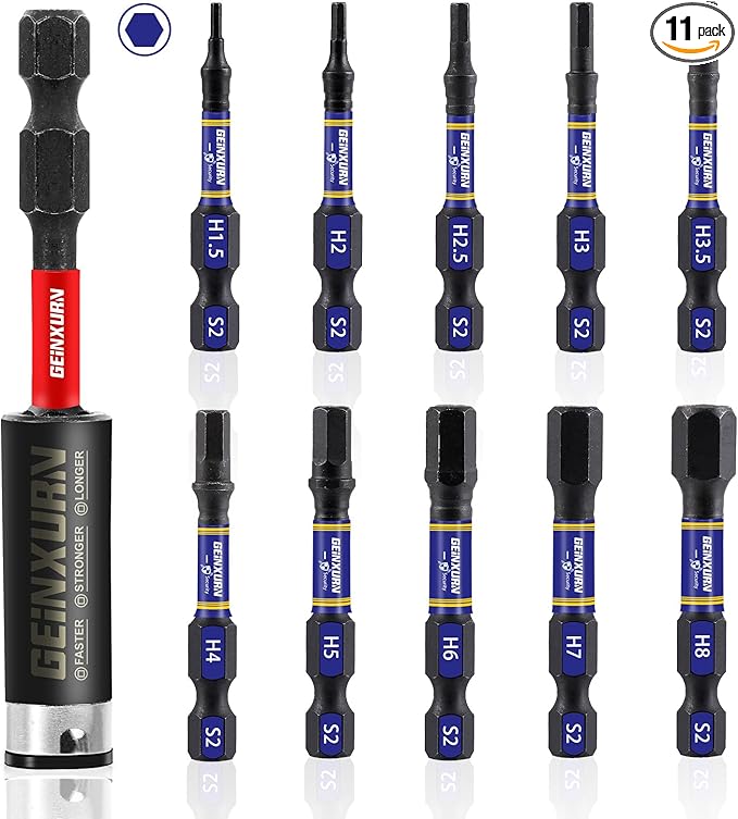11 Pieces 2 In. Hex Screwdriver Bit set, Multi Hex Head Metric Power Bits Set, S2 Steel Hex Impact Tough Magnetic Allen Wrench Drill Bits Set with 3”Extension Bit Holder