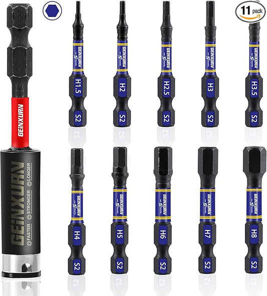 11 Pieces 2 In. Hex Screwdriver Bit set, Multi Hex Head Metric Power Bits Set, S2 Steel Hex Impact Tough Magnetic Allen Wrench Drill Bits Set with 3”Extension Bit Holder