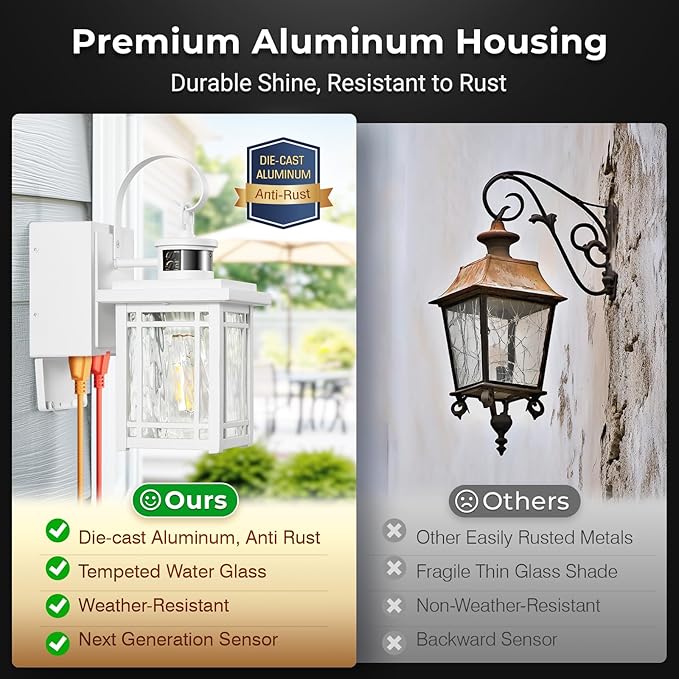 Outdoor Wall Light with GFCI Outlet, 2-Pack Motion Sensor Exterior Lighting Fixtures Wall Mount, White Front Porch Lantern Wall Sconce, Outdoor Garage Lights with Adjustable Sense Range