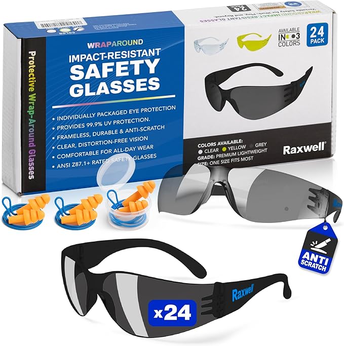 Raxwell Clear Safety Glasses, ANSI Z87.1, Wraparound, Anti-Scratch, Impact-Resistant, Eye Protection for Work & DIY