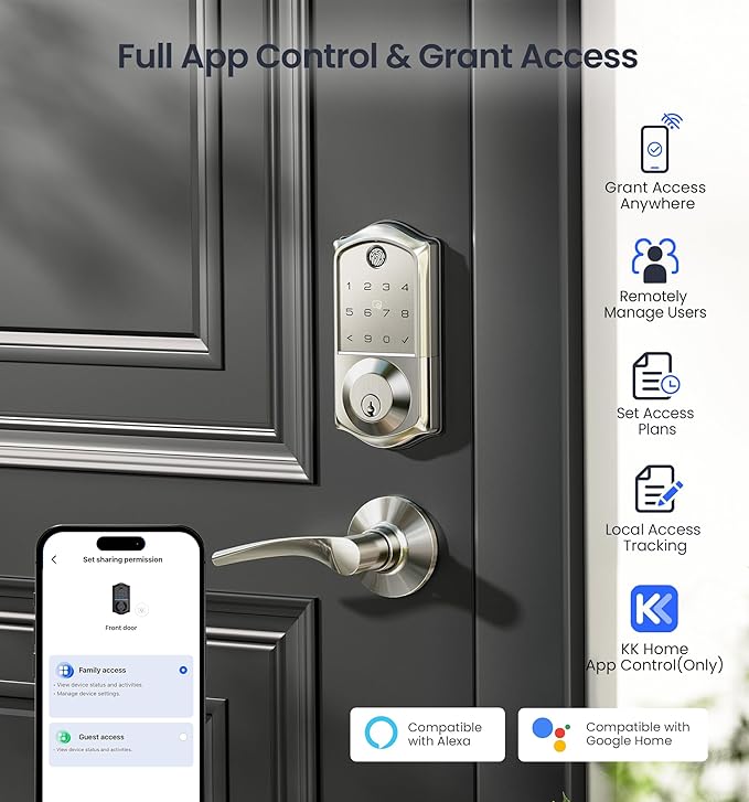 Veise VE017 Fingerprint Smart Door Lock, App Control, 7-in-1 Keyless Entry, Auto Lock, Emergency Power Port, Electronic Touchscreen Keypad, Biometric Smart Locks for Front Door, Satin Nickel