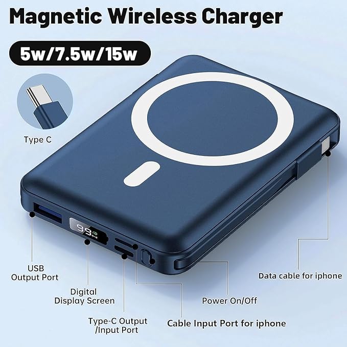 Azmuth for Magsafe Battery Pack, 10000mAh Magnetic Power Bank 22.5W PD Fast Charging with USB-C Cable LED Display Wireless Portable Charger for Magsafe with Stand for iPhone 16/15/14/13/12/Pro/Pro Max