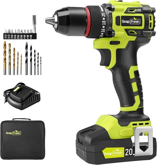 SnapFresh 20V Cordless Brushless Drill Driver, 1/2" Compact Power Drill Set with 500 in-lbs Torque, 20+1 Clutch & 2 Variable Speeds, LED, 2.0Ah Battery & Fast Charger, Electric Tool Kit for Home & DIY