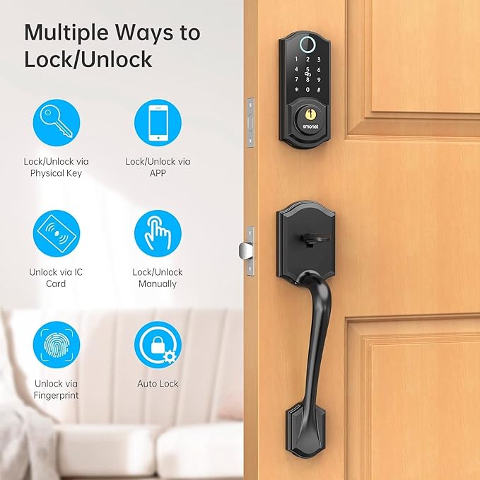 Smart Lock Front Door, SMONET Keyless Entry Door Lock with Handle, Smart Front Door Lock Set Fingerprint Smart Deadbolt Bluetooth Electronic Digital Keypad Lock, Auto Lock Work with Alexa, Black