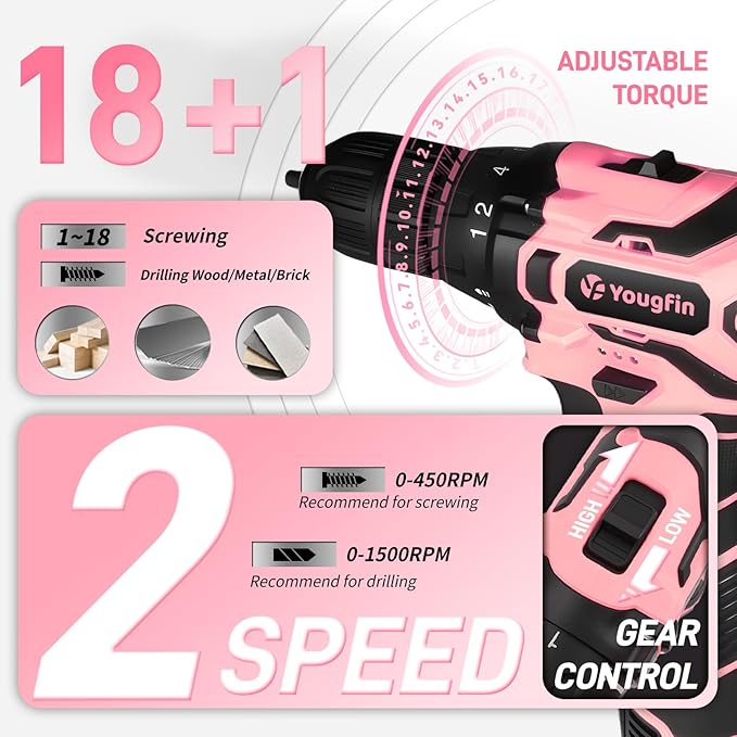YOUGFIN Pink Drill Set for Women, Tool Kit with Drill 12V or Home Office Repairing & Improvement, Household Drill Set Power Tool with Pink Tool Box 195 Pieces