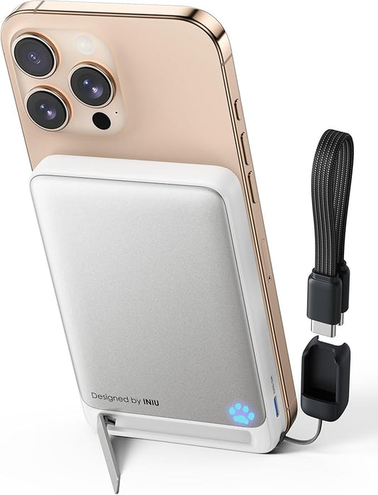 INIU for MagSafe Portable Charger, Qi2 Certified, Slimmest 45W 10000mAh Magnetic Power Bank, with USB C Cable & Stand, Fast Charging Battery Pack for iPhone 16 15 14 13 12 Only, White