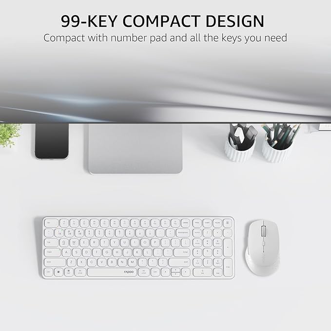 Rapoo 9360M Wireless Keyboard and Mouse Combo, Blade-Series E9310M 99-Key Ultra-Thin Keyboard and M300G Silent Mouse, Support 4 Devices, Quiet, Compact, Battery Powered, for Windows/Mac/Linux/Chrome