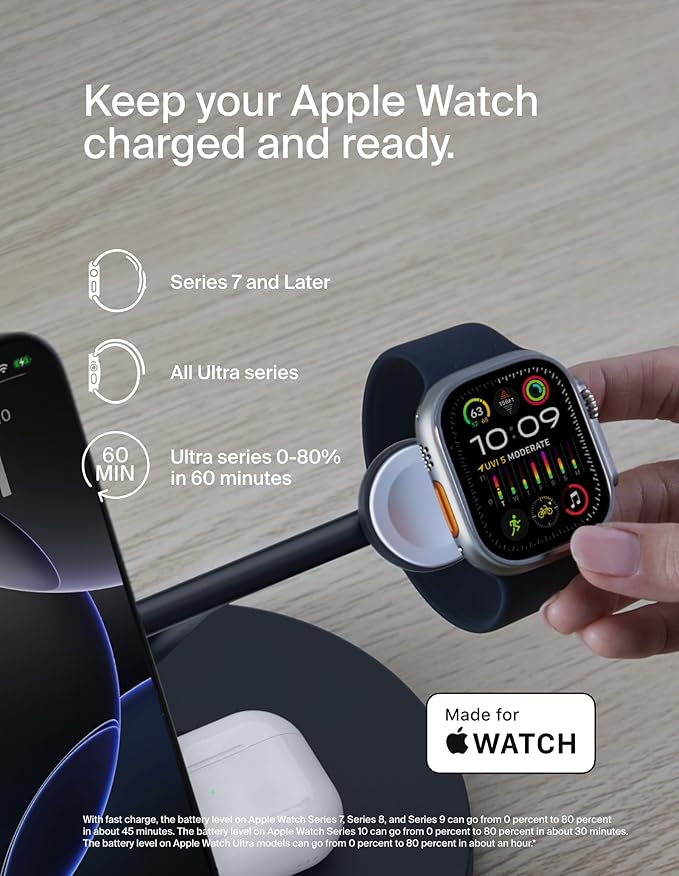 Belkin MagSafe-Compatible Charger, 3-in-1 Wireless Charging Station, Qi2-Certified 15W Wireless Charge for Apple iPhone 16 Series, Apple Watch, AirPods w/Non-Slip Base, 40W Included - Black
