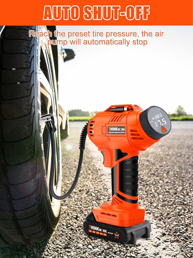 Tire Inflator Portable Air Compressor, Cordless Car Tire Pump with 20V Rechargeable Battery, 12V Car Power Adapter, Digital Pressure Gauge, 150 PSI Handheld Air Pump for Car, Motorcycle, and Bike