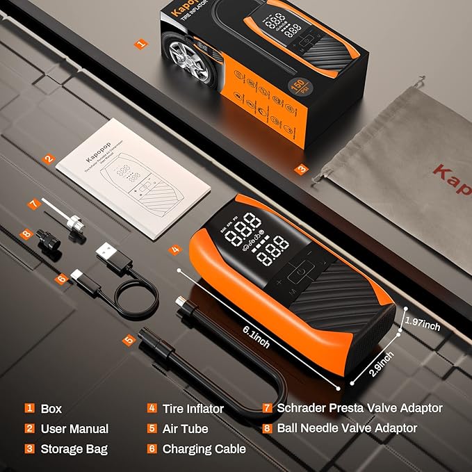 K1 Tire Inflator Portable Air Compressor,4X Faster 20000mAh Cordless Air Pump with Pressure Gauge,150 PSI Wireless Car Tire Inflator, Portable Air Pump for Car Tires, Bikes, Motorcycles,Balls