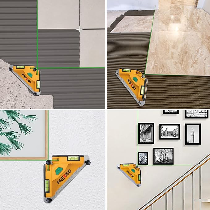 PREXISO Square Laser-65Ft Green Beam Floor Tile Laser Level, Tile Laser Line Projection, Angle 90 degree Aluminum Base Magnetic Level Square Built-In 2 Bubble Vials-With 3 Mounting Pins 3AA Batteries