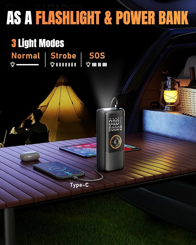 Tire Inflator Portable Air Compressor, 150PSI Air Compressor for Car Tires, Cordless Bike Pump with Pressure Gauge & LED Light, Tire Pump for Cars, Motorcycles, Bikes, Balls