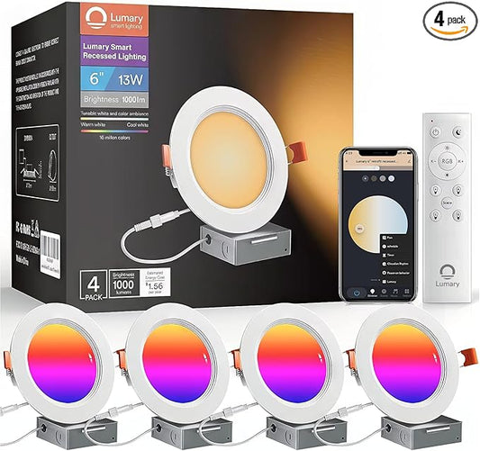 Lumary Smart Recessed Lighting 6 Inch with Remote, Work with Alexa/Google, Canless WiFi Led Wafer Recessed Lights, RGBWW Ceiling Downlight with J-Box and Metal Anti-Glare Baffle Trim, 4PACK