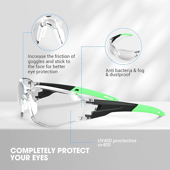 DILANCO Clear Safety Glasses Goggles, Adjustable Frames and Scratch-Resistant with No-Slip Grips Safety Glasses for Women Men