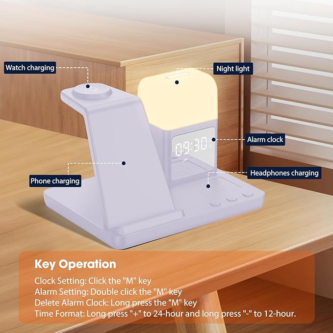 Wireless Charger for Samsung/Android, 6 in 1 Phone Nightstand Charging Station Charger with Alarm Clock/Night Light for Samsung S25/S24/S23 Ultra/Buds3 Pro,Watch Charger for Galaxy Watch 8/7/6-Purple