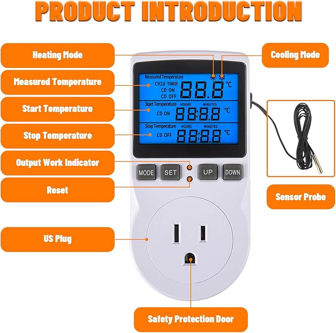 110V Digital Temperature Controller, LCD Screen Heating Cooling Thermostat Outlet Socket with Sensor Timer Regulator for Reptile Incubator Greenhouse Brewing Refrigerator