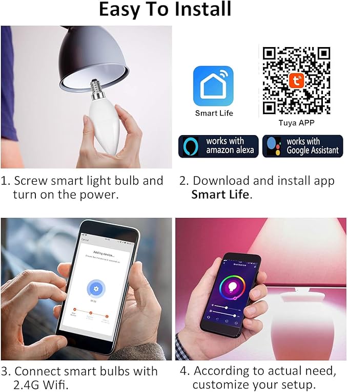 Vinaco E12 Smart LED Bulb 5W 600LM, 4 Pack E12 LED Light Bulbs Color Changing WiFi Bluetooth Work with Alexa & Google Assistant, Smart E 12 Candelabra Bulb 60 Watt E 12 Base, RGB Light Bulbs B11