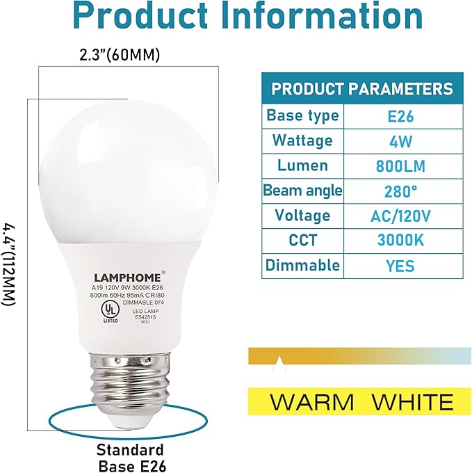 12-Pack Neutral White LED Bulbs - Perfect for Bedroom & Living Room, 60W Equivalent, 3000K, 9W, 15000-Hour Life, E26 Base