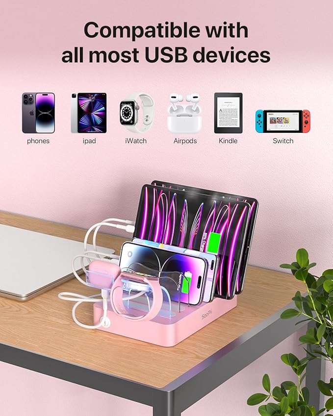 SooPii Premium 6-Port USB Charging Station Organizer for Multiple Devices, 6 Short Charging Cables and One Upgraded i-Watch Charger Holder Included, for Phones,Tablets and Other Electronics, Pink