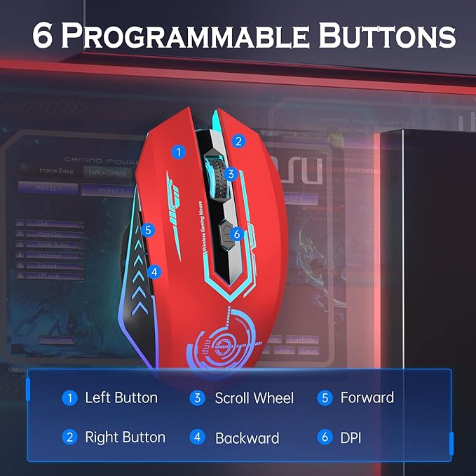 UHURU Gaming Mouse, Wireless Gaming Mouse with 6 Buttons 7 Changeable LED Color up to 10000 DPI, Rechargeable USB Gamer Mouse for PC Laptop (Red)