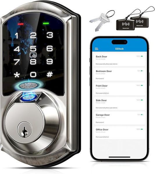 Veise VE07 Fingerprint Smart Door Lock, 7-in-1 Keyless Entry Deadbolt with App Control, Electronic Digital Touchscreen Keypad, Biometric Smart Locks for Front Door, Auto Lock, Satin Nickel