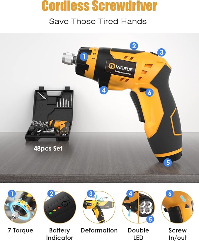 VIGRUE Cordless Screwdriver Set, Rechargeable Electric Screwdriver with 45 Free Accessories, Battery Indicator, 7 Torque Setting, 2 Position Handle with LED Light, Flexible Shaft