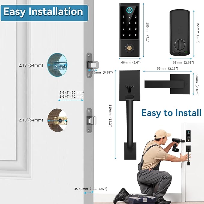 BEBASIA Smart Door Lock with Front Door Handle Set, Heavy Duty Fingerprint Handleset, Keyless Entry Smart Deadbolt for Front Door, Bluetooth Keypad Digital Lock Black