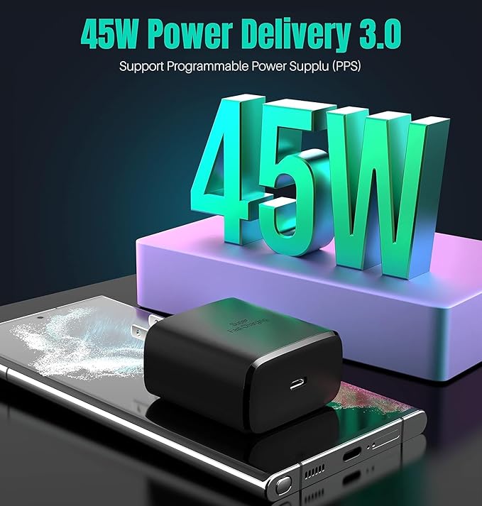 Galaxy S25 S24 Android Charger 45W, for Samsung Charger, Super Fast Charging USB C Block, Type C Charge Cable Extra Long 10ft for Galaxy S25, S24, S23, Z Fold 3/4/5/iPhone 17/17 Air/Tablet