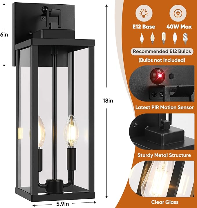 BesLowe 18” Upgraded Motion Sensor Outdoor Wall Lights, Dusk to Dawn Porch Lights Outdoor Wall Sconces, 3 Lighting Modes Exterior Lighting Fixtures with Hooks, Black Outside Lights for House, 2-Pack