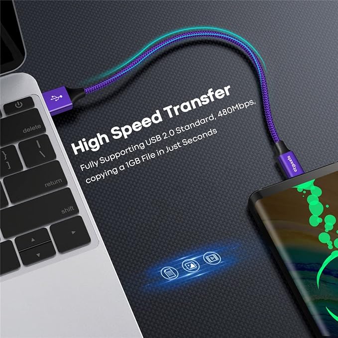 etguuds USB to USB C Cable 1ft, 2-Pack USB A to Type C Charger Cord Fast Charging for Samsung Galaxy A15 A25 A35 A55 A54, S24 S23 S22 S21 S20 S10 S10E, Note 20 10, Moto G, for iPhone 16 15, Purple