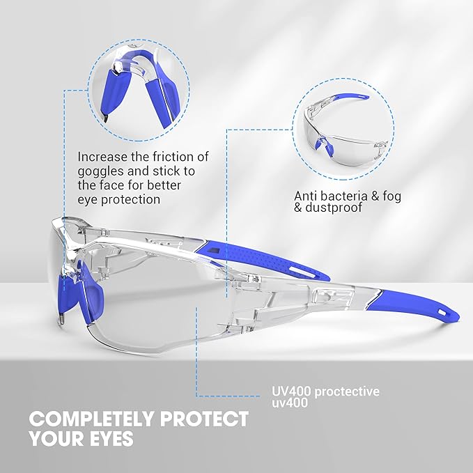 DILANCO Clear Safety Glasses Goggles, Adjustable Frames and Scratch-Resistant with No-Slip Grips Safety Glasses for Women Men