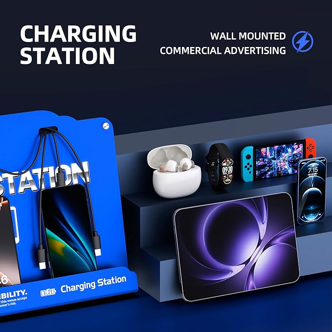 Wall Mounted 8 Port Charging Station with Fast Charigng Cables – Multi Device Charging Dock for Office, Hotel & Public Spaces | Compatible with iPhone ipad Smartphone Tablets Android Port (Blue)