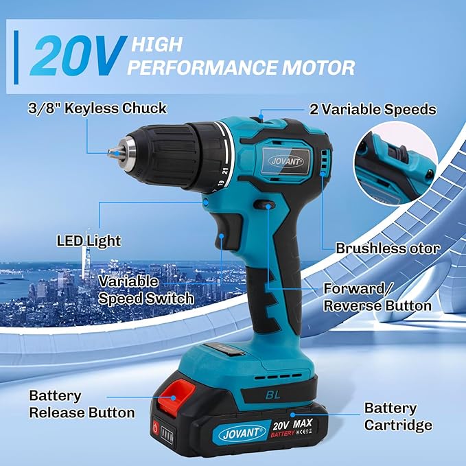 Brushless Cordless Drill Set/Driver Kit,Lightweight Driver, Electric Power Drill with 2 Batteries and Charger,3/8 Inch Keyless Chuck,21+1 Torque Setting,2 Speed with Bits-JOVANT