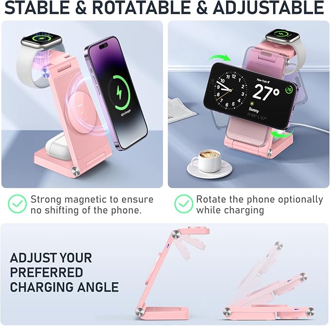 Magnetic Wireless Charger Stand, 3 in 1 Foldable Wireless Charging Station, Travel Charger for Multiple Devices for iPhone 16 15 14 13 12 Series, Apple Watch Ultra/SE/9/8/7/6/5/4/3/2, AirPods