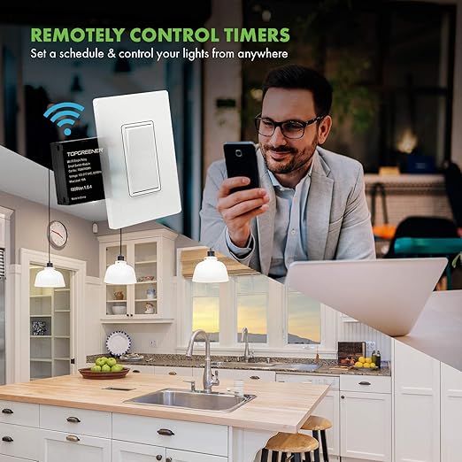 TOPGREENER Wi-Fi Relay Module, Hidden Smart Switch for Fans, Lights, Outlets, 120-240VAC, 10A, ETL Listed, TGWFRSM1, Black