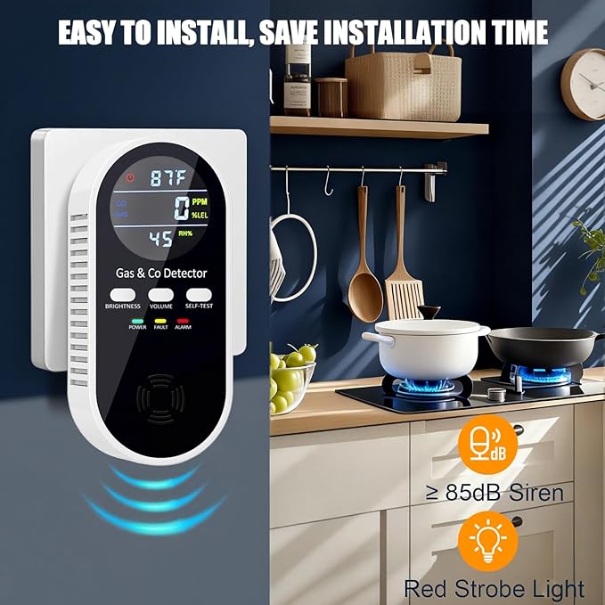 2 Packs Combination Gas & Carbon Monoxide Detectors Plug in, 5-in-1 Natural Gas Detector & Carbon Monoxide Alarm with Temperature (°F) and Humidity, CO Detector with Built-in 9V Battery for Home, RV