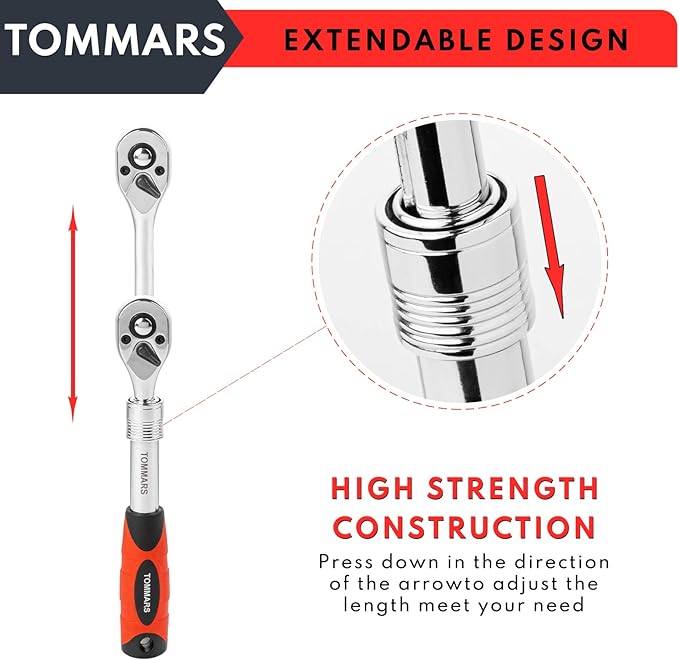 TOMMARS Extendable Ratchet Wrench Set, 1/4" 3/8" 1/2" Drive 72-Tooth Quick-release Retractable Socket Wrench Reversible
